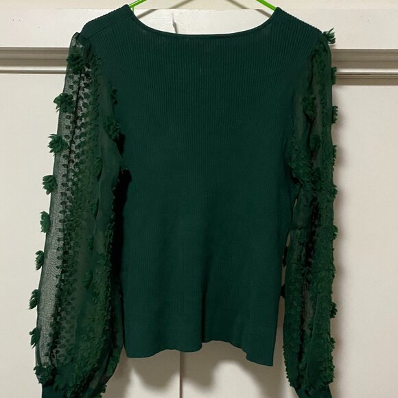 No Boundaries, forest green sweater w/green sheer decorated sleeves, size *L/XL - Picture 7 of 10